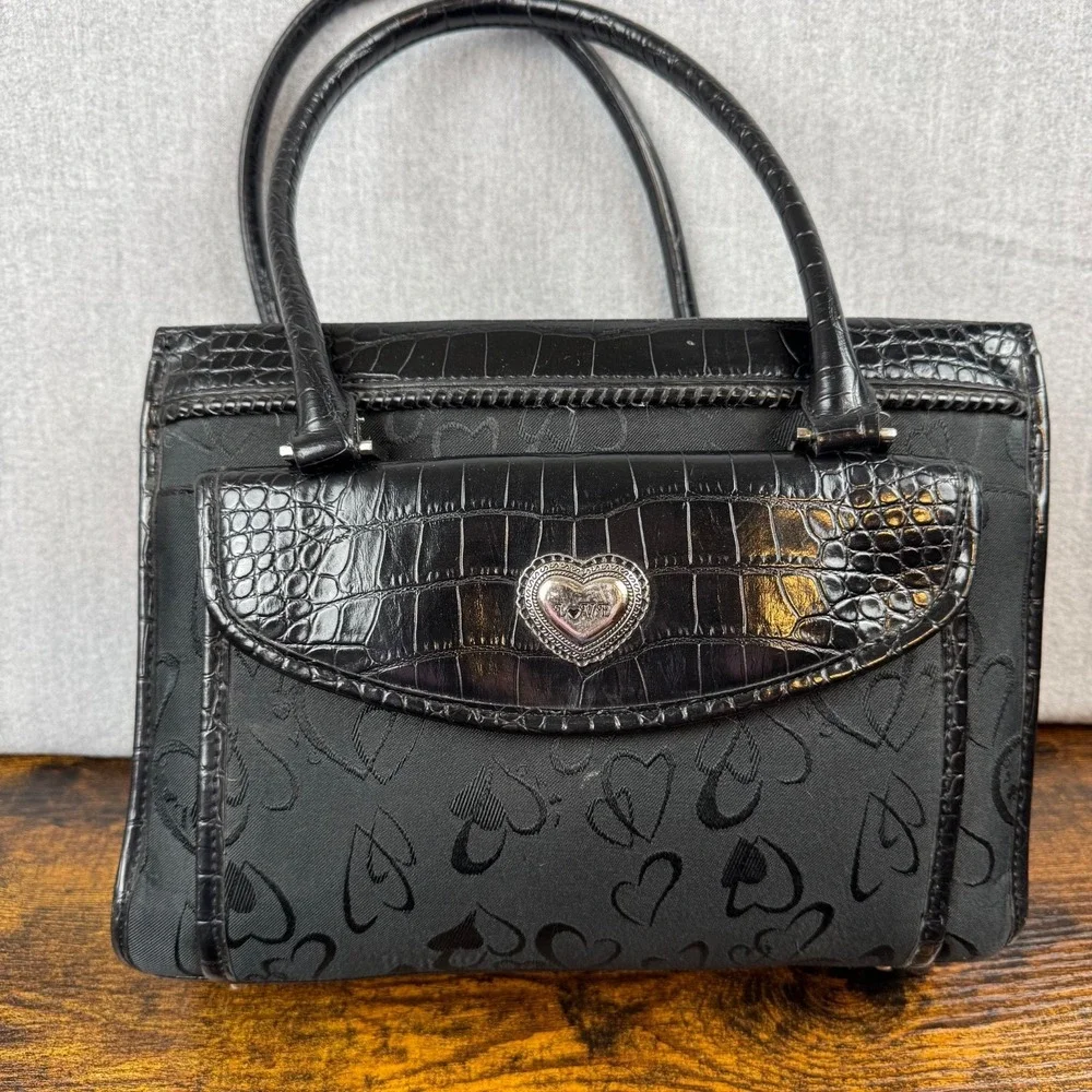 Love Shoulder Bag Womens Black Heart Print Faux Croc Y2K Purse Handbag